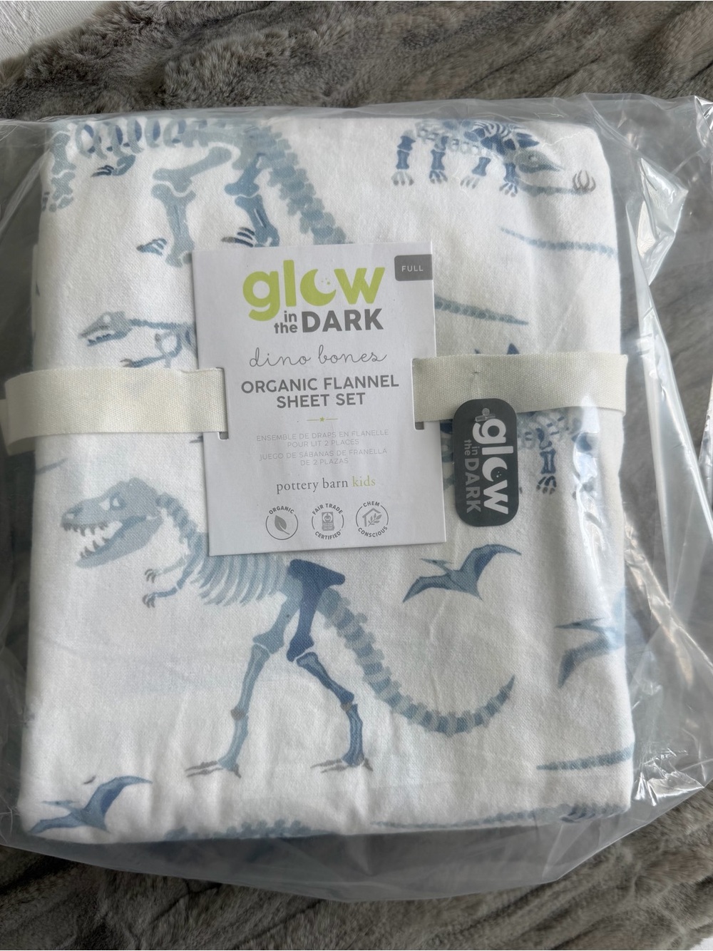 New Pottery Barn Kids Dino Bones Organic Flannel Flat Sheet